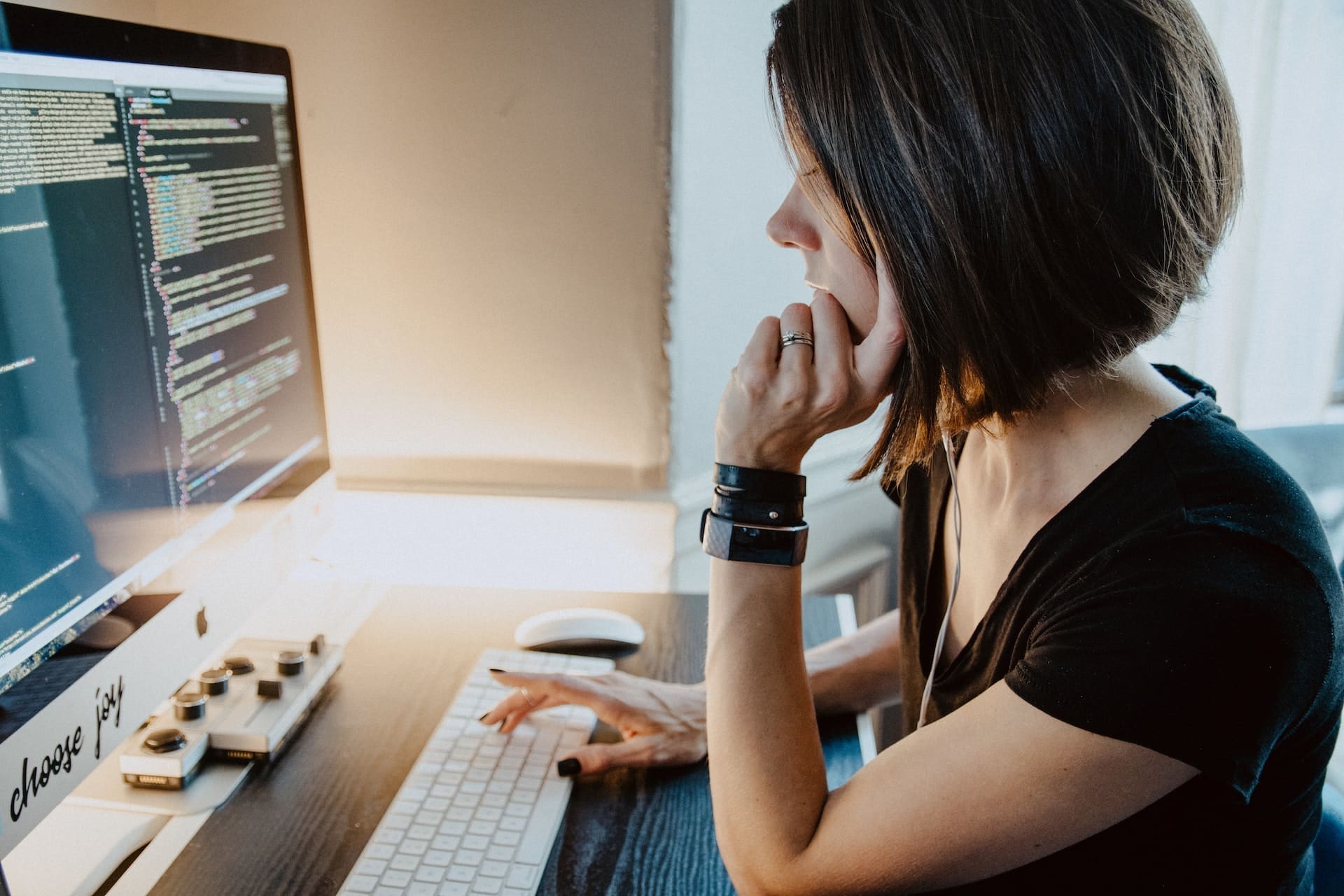 a woman in front of computer